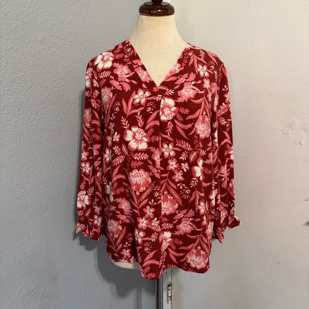 Como Blu Women Floral V-Neck Relaxed Long Sleeve Casual Bluse Size M